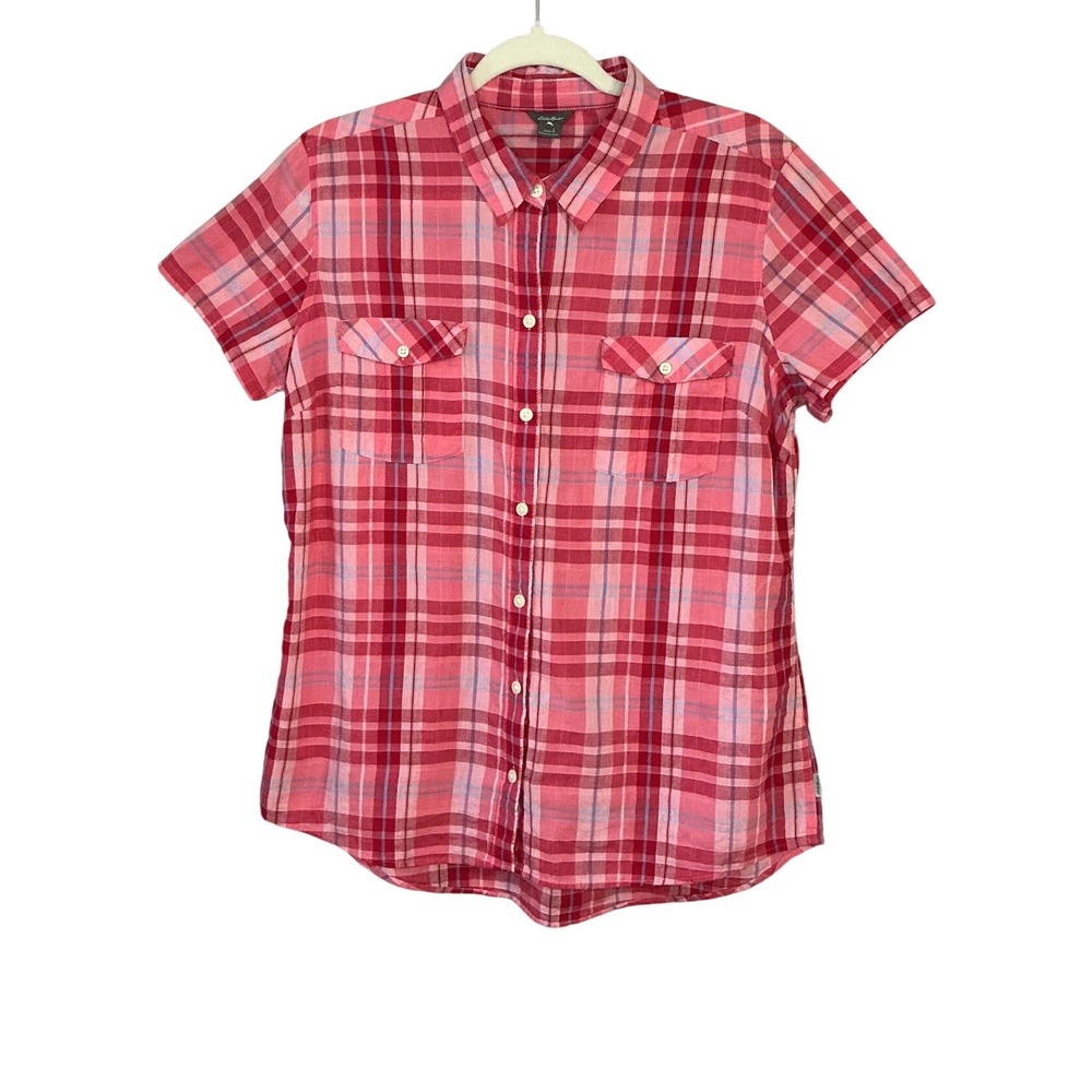 Eddie Bauer Womens Pink Red Plaid Short Sleeve Button‎ Down Shirt Large Utility